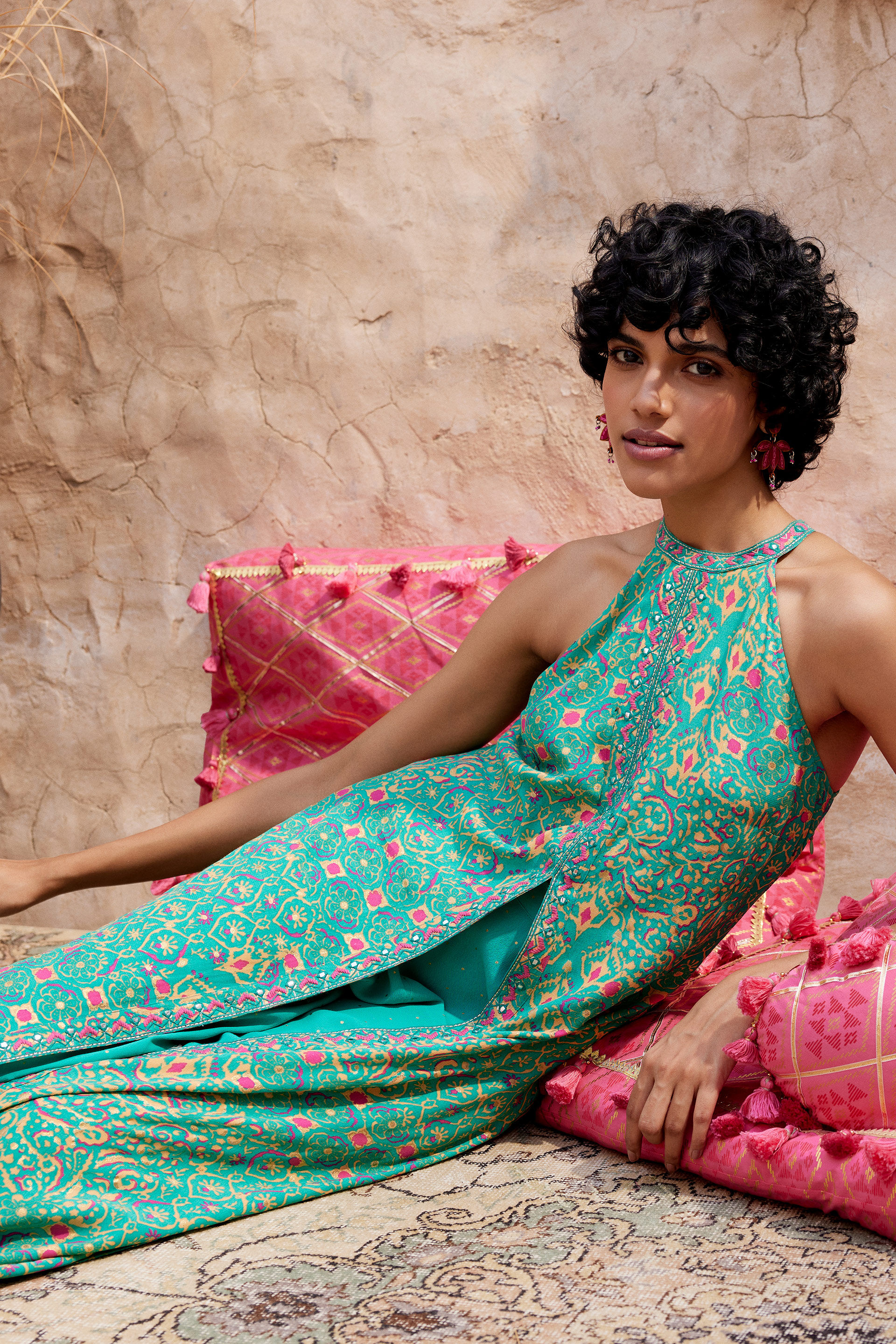 Teal Festive Embroidered Ikat inspired Viscose Kurta set, Teal, image 3